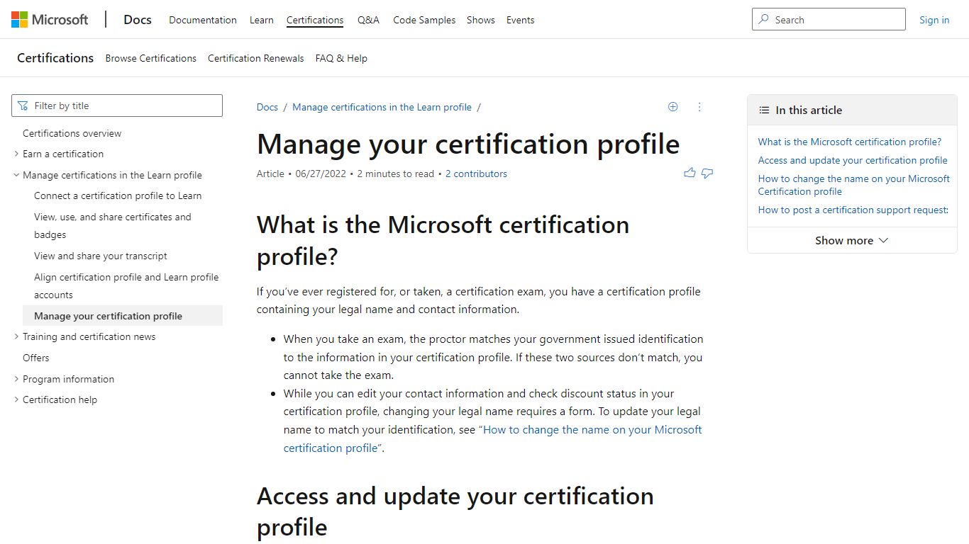 Manage your certification profile | Microsoft Docs